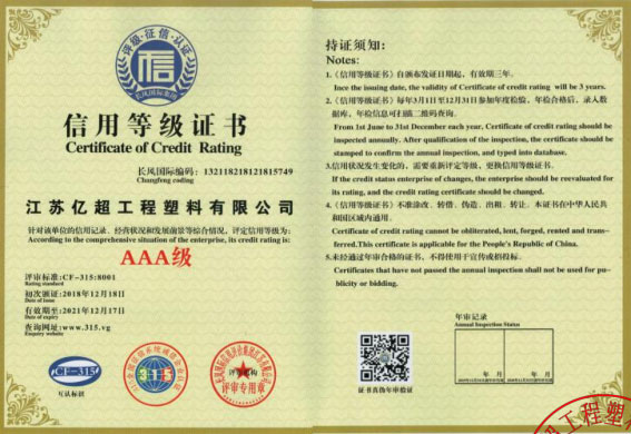 AAA级信用等级证书